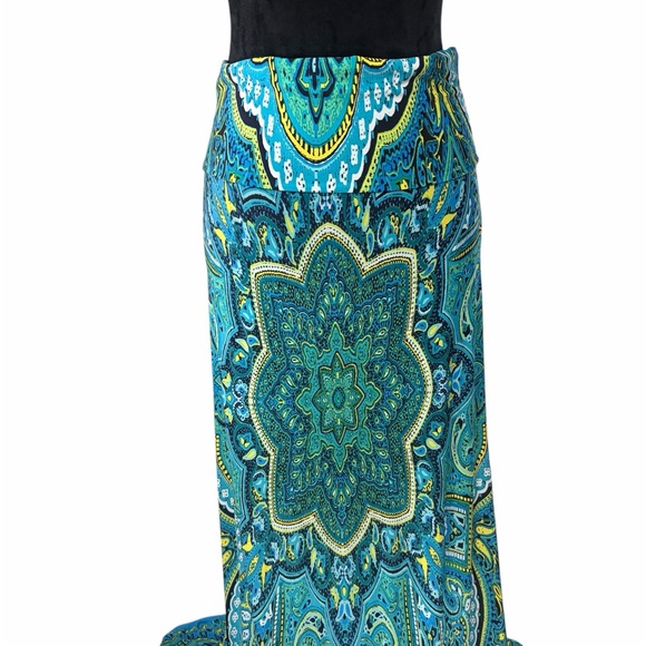 Arden B. Blue, Turquoise Medallion Print Fold Over Maxi long skirt, paisleydress - Picture 2 of 7